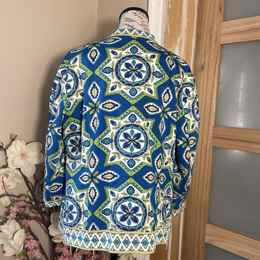 Chico's open front artsy colorful blazer size "2" blue 3/4 sleeve - Picture 8 of 9